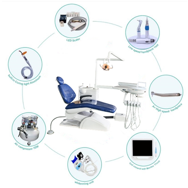 Unité de chaise dentaire définie avec compresseur et pièce à main