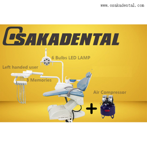 Fauteuil dentaire de couleur bleue pour utilisateur gaucher avec matériau d'alginate pour empreinte dentaire