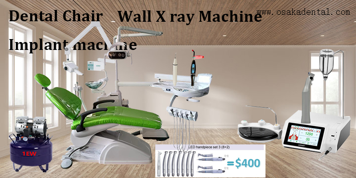 Fauteuil dentaire avec pièce à main dentaire à grande vitesse, pièce à main dentaire à basse vitesse et machine à implant dentaire
