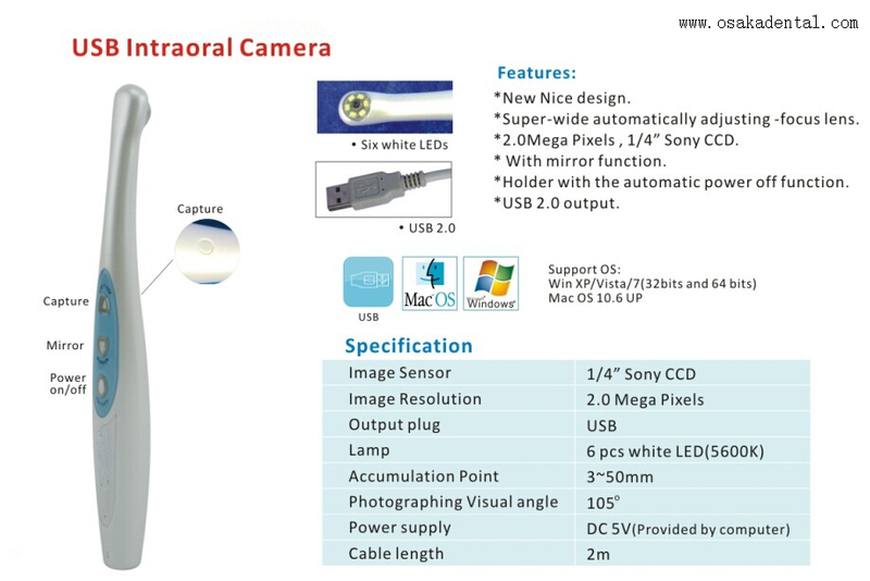 Caméra buccale USB dentaire de couleur blanc + bleu