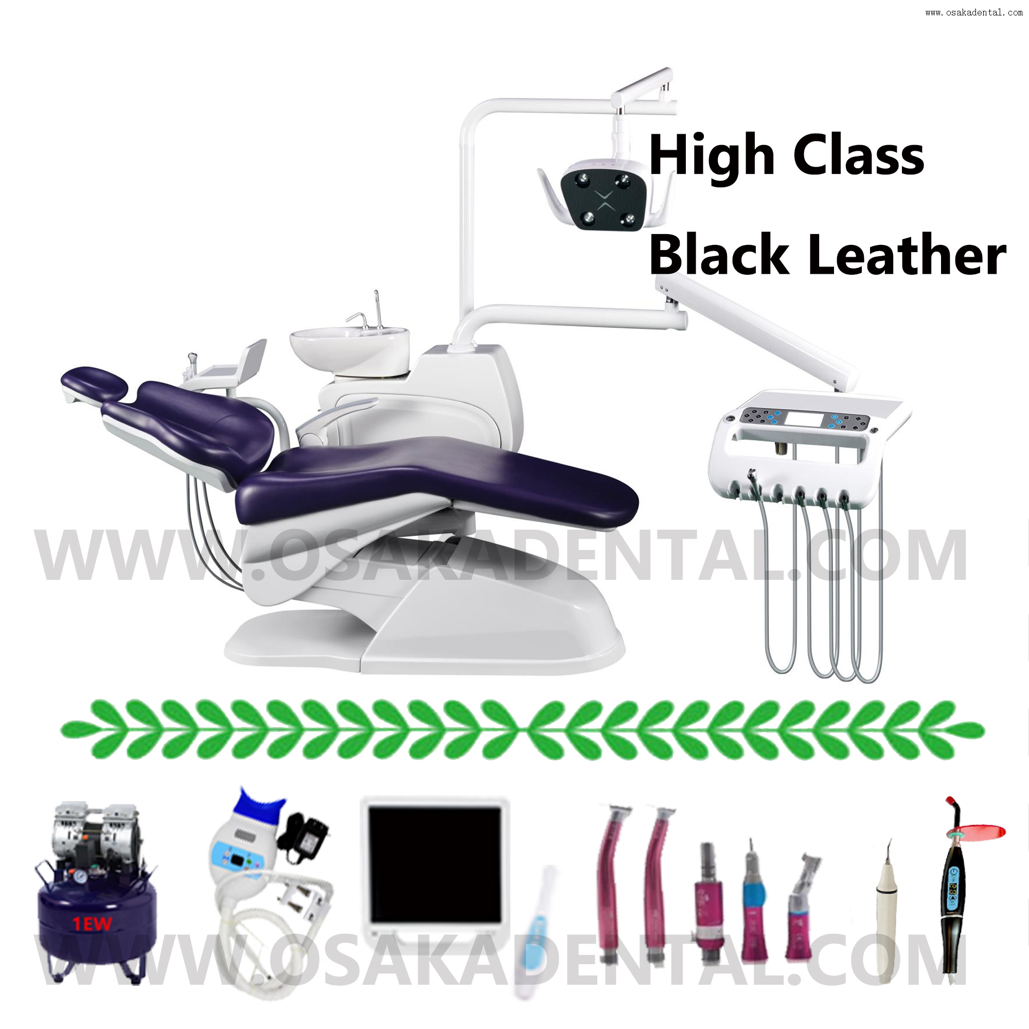 Fauteuil dentaire de couleur violette haut de gamme d'unité de fauteuil dentaire OSAKA avec machine de blanchiment dentaire et algiante dentaire