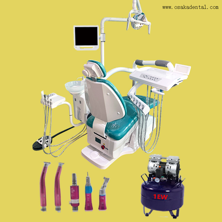 Chaise dentaire avec plateau d'instrument et compresseur d'air dentaire et pièce de main dentaire